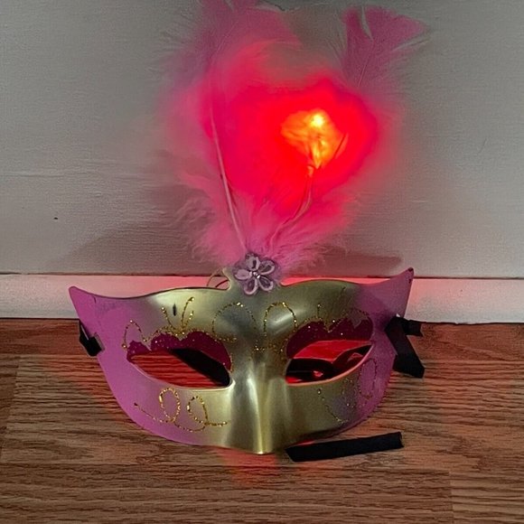 Light Up Mask Pink Faux Feather Party Mask Women Masquerade Eye Mask - Picture 4 of 11